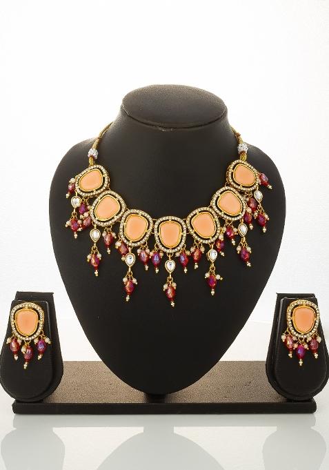 Peach Alloy Chokar Necklace Set
