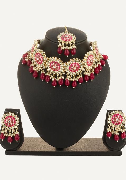 Pink Alloy Chokar Necklace Set