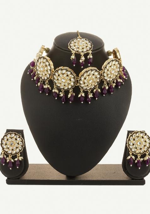 Purple Alloy Chokar Necklace Set