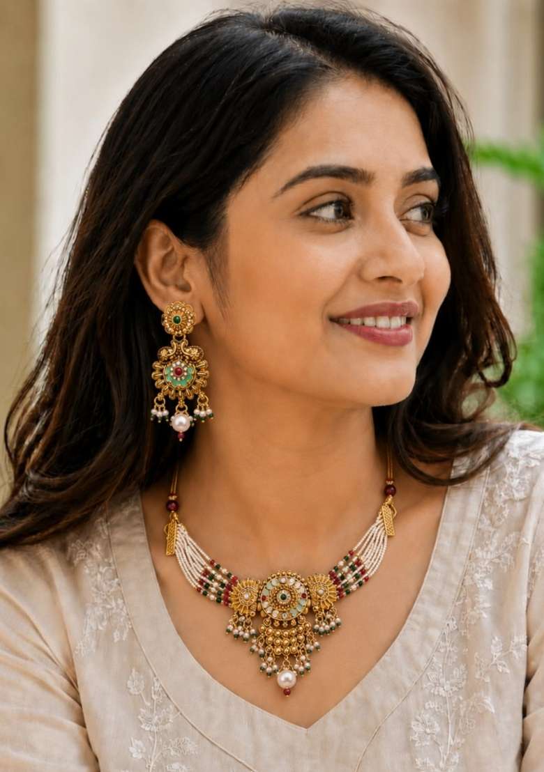 Gold Alloy Necklace Set - Indya