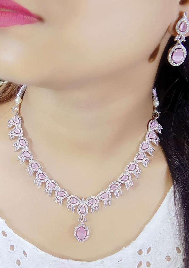 Silver Plated American Diamond Stone Studded Jewellery Set - Indya