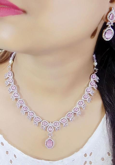 Silver Plated American Diamond Stone Studded Jewellery Set