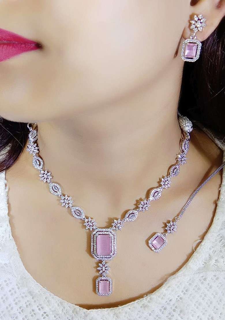 Silver Plated American Diamond Stone Studded Jewellery Set - Indya