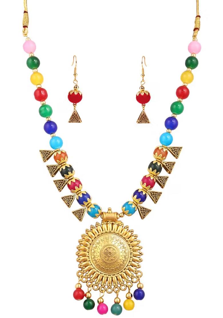 Multicolor And Triangle Beads Sun Pendant Necklace Set For Women