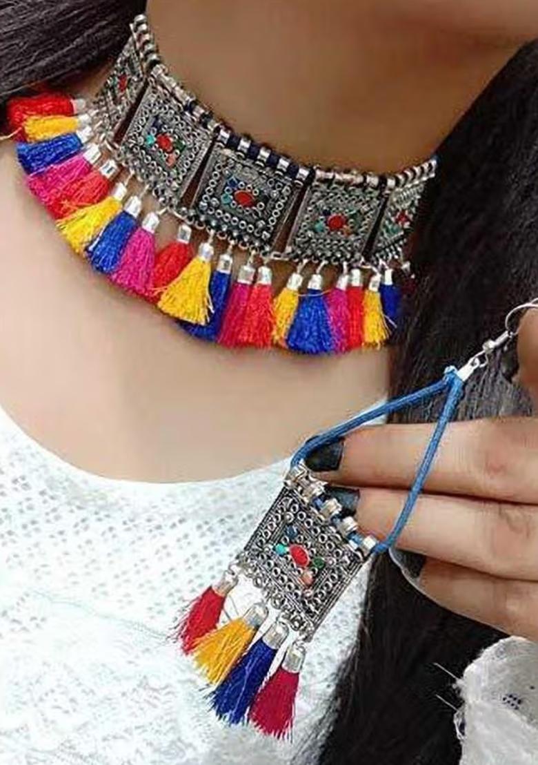 Black And Multicolorcolor Tassel Long Necklace For Women
