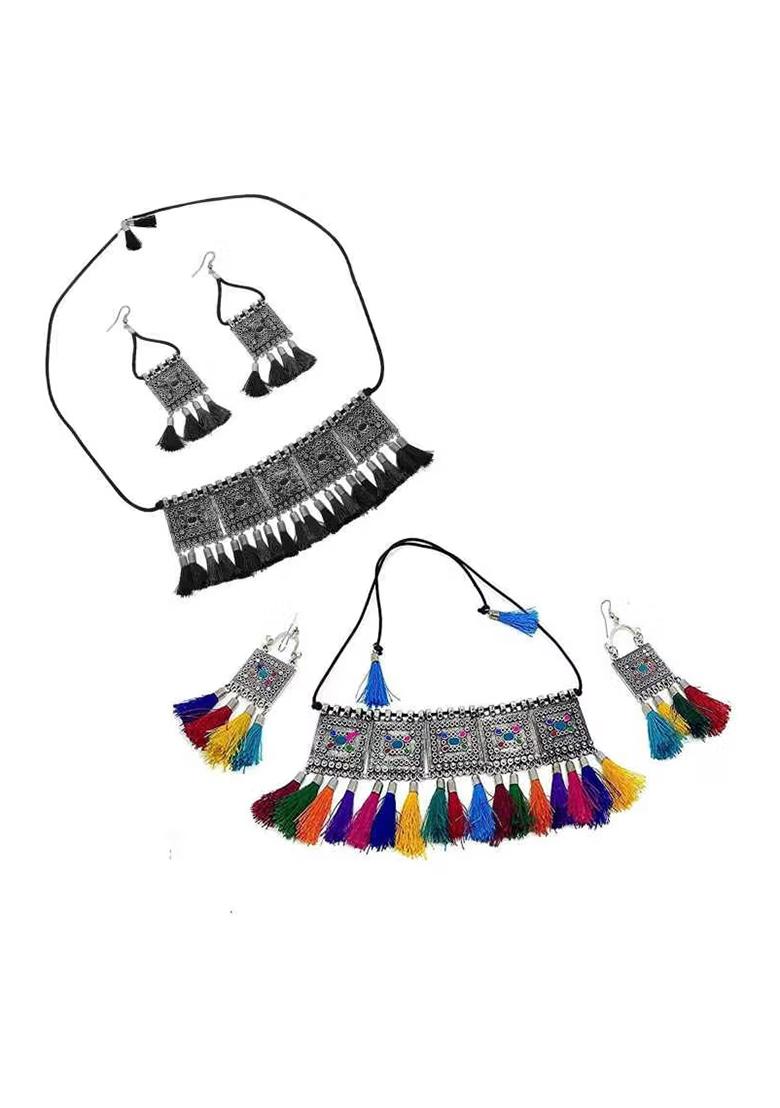 Black And Multicolorcolor Tassel Long Necklace For Women