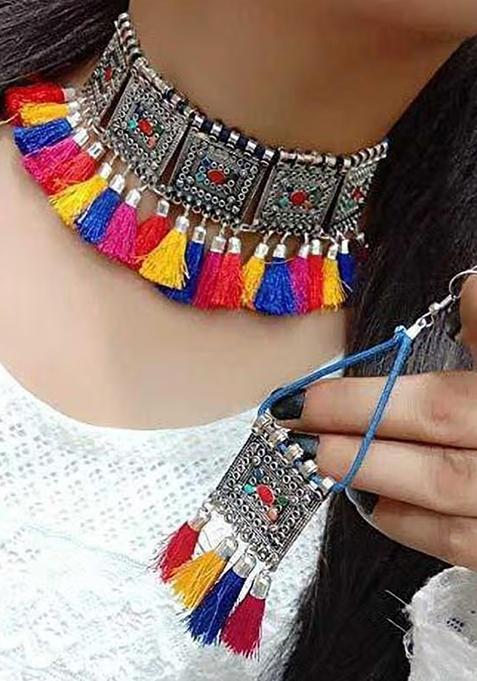Black And Multicolorcolor Tassel Long Necklace For Women