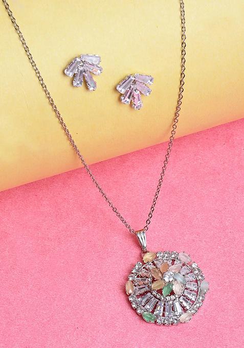 Multicolor Ad Necklace Set For Women With Sparkling Stones And Matching Earrings For Festive Wear