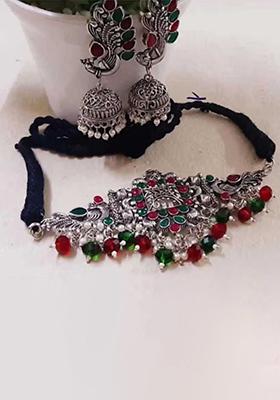Maroon Green Jaali Choker