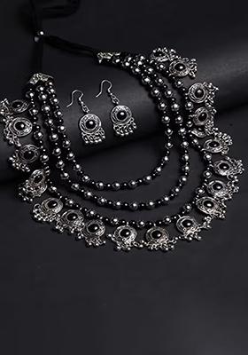 Black Stone 3 Layer Jhhalar Necklace
