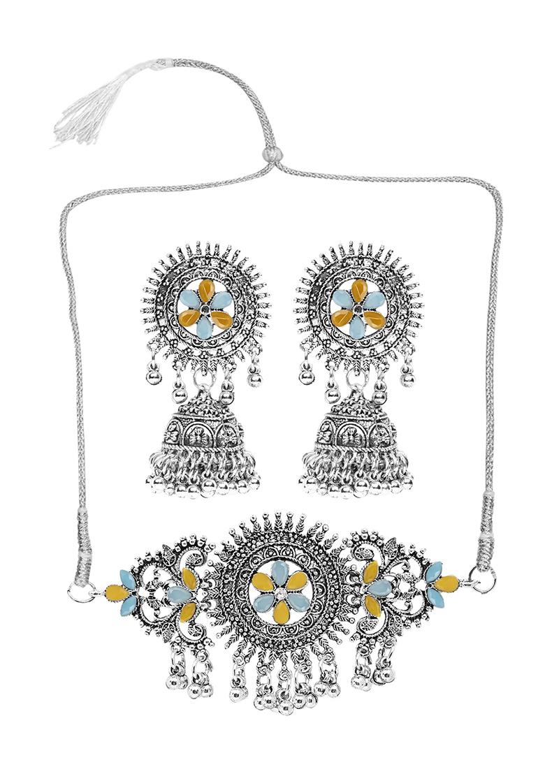 Gs Blue Yellow Oxidised Choker Floral Design