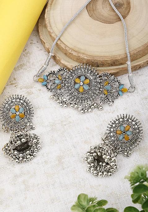 Gs Blue Yellow Oxidised Choker Floral Design