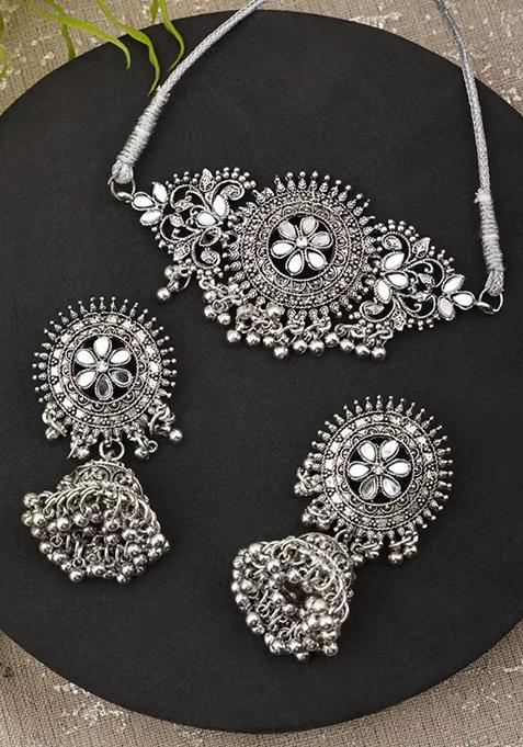 Gs Silver Oxidised Choker Floral Design