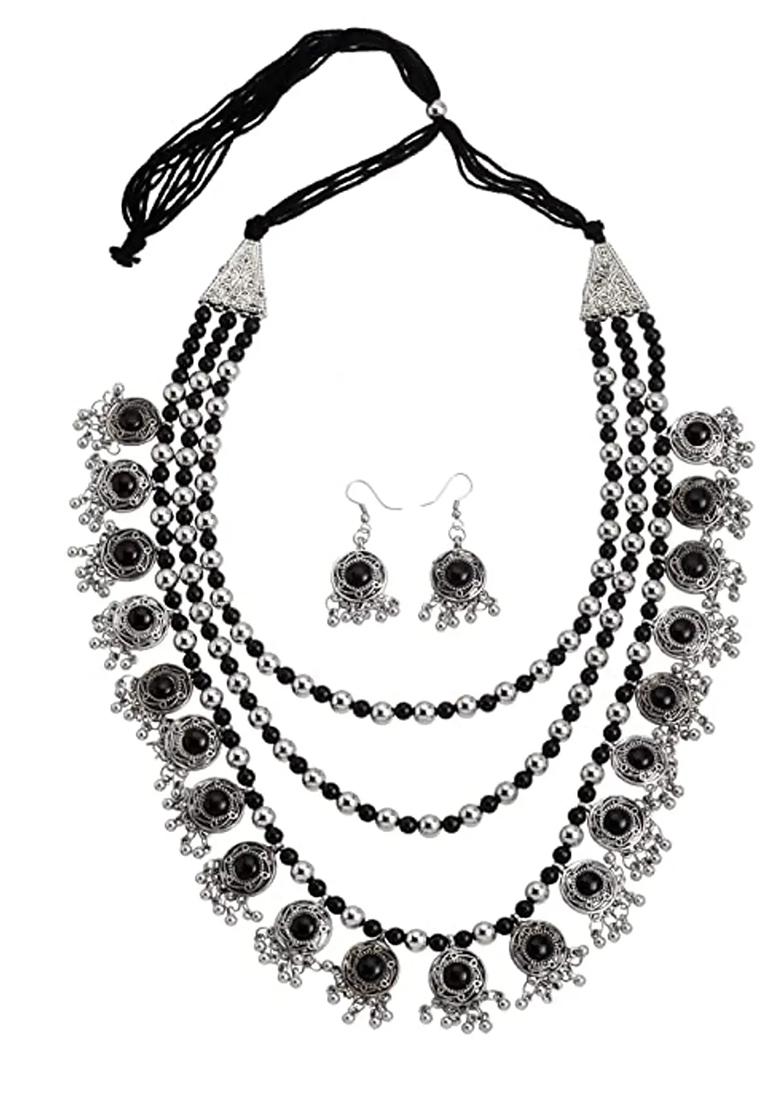 Black Long 3 Layer Jhhalar Necklace Set