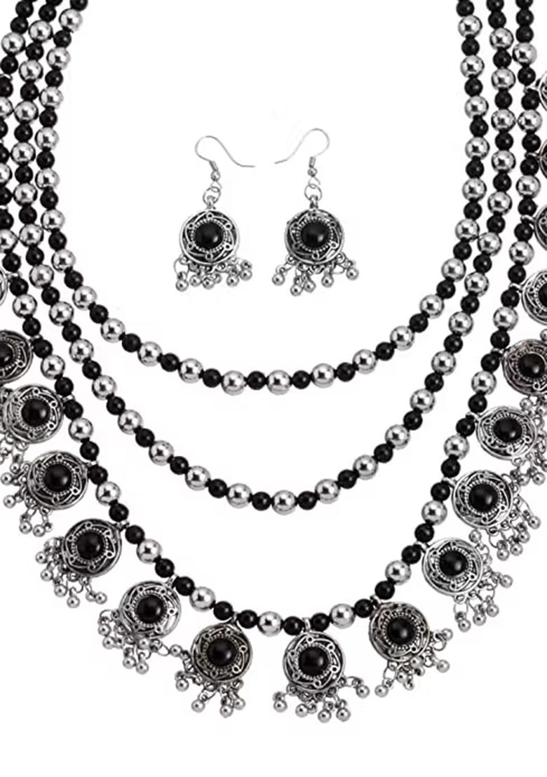 Black Long 3 Layer Jhhalar Necklace Set