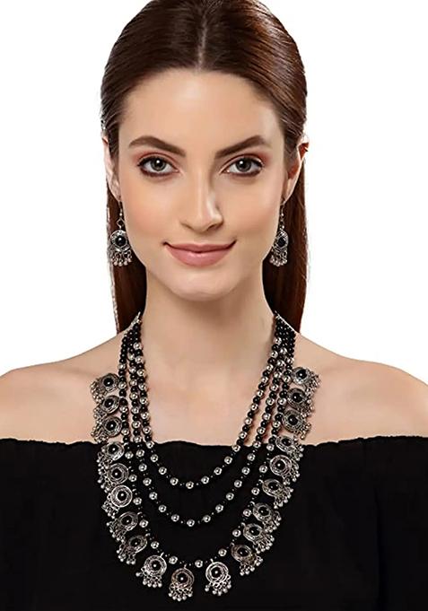 Black Long 3 Layer Jhhalar Necklace Set