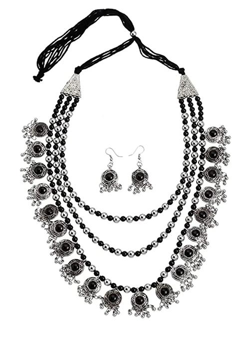 Black Long 3 Layer Jhhalar Necklace Set