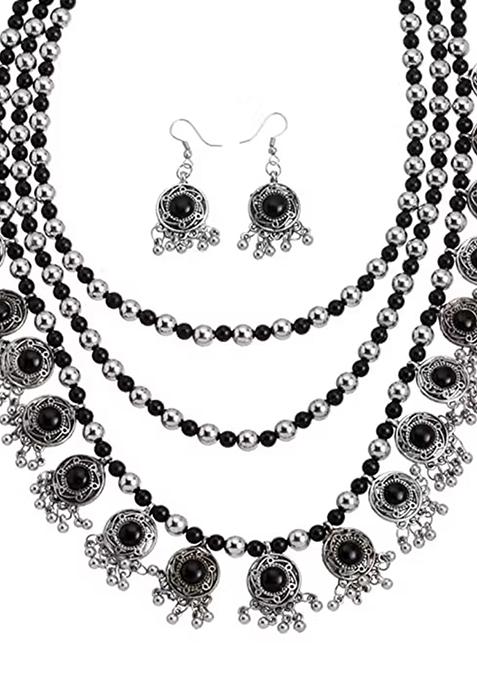 Black Long 3 Layer Jhhalar Necklace Set