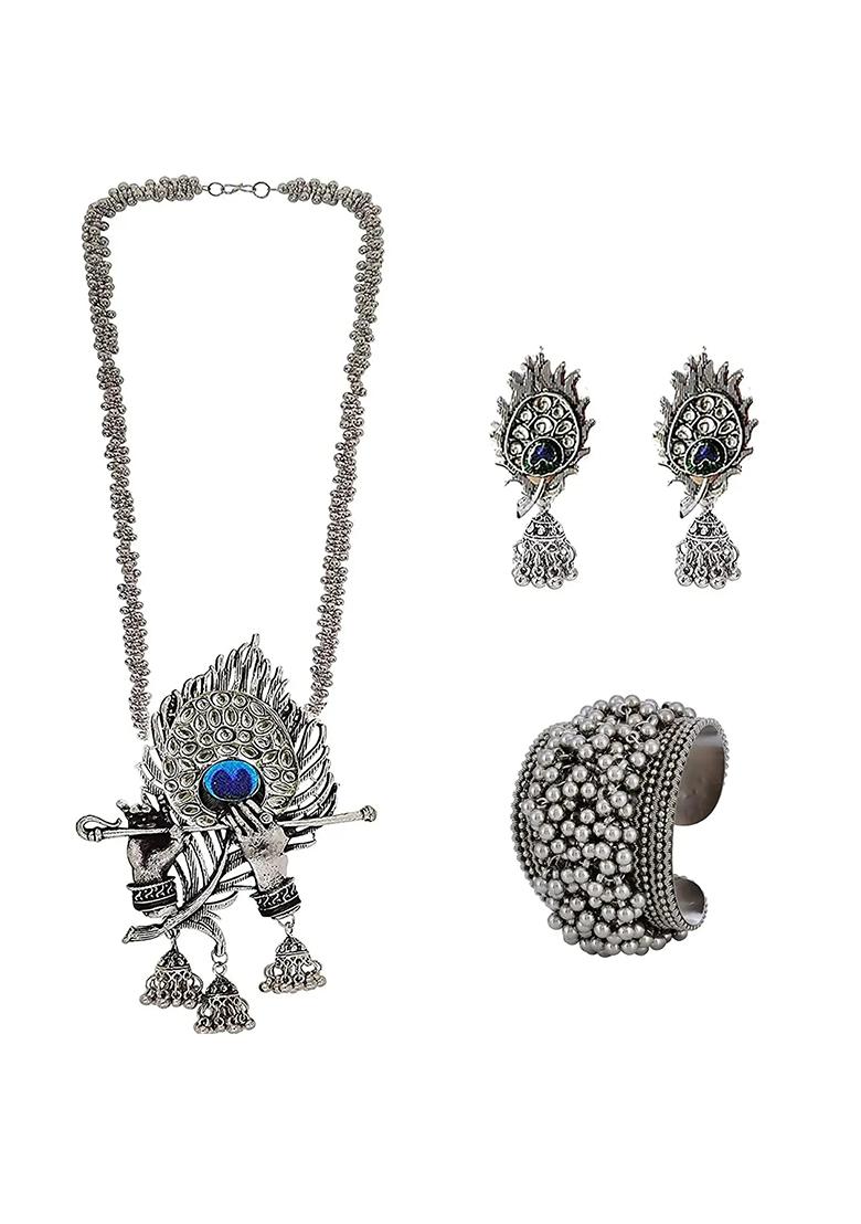 Oxidised Morpankh Murli Necklace With Bracelet And Earrings