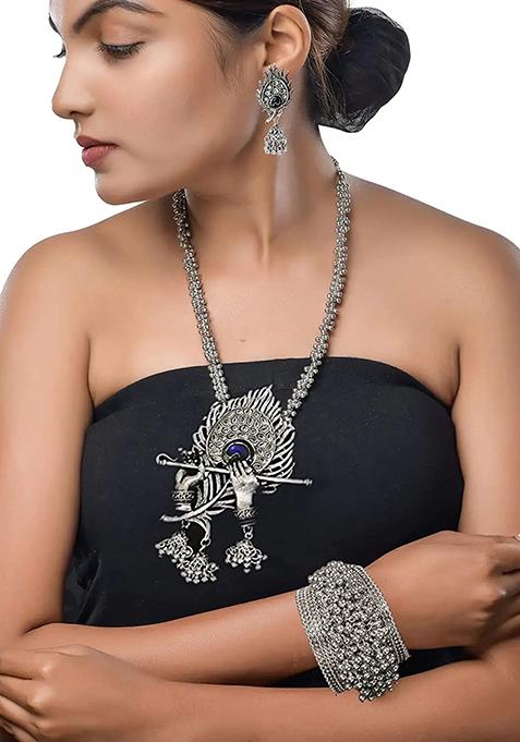 Oxidised Morpankh Murli Necklace With Bracelet And Earrings