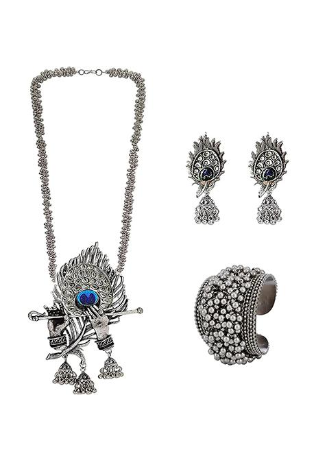 Oxidised Morpankh Murli Necklace With Bracelet And Earrings