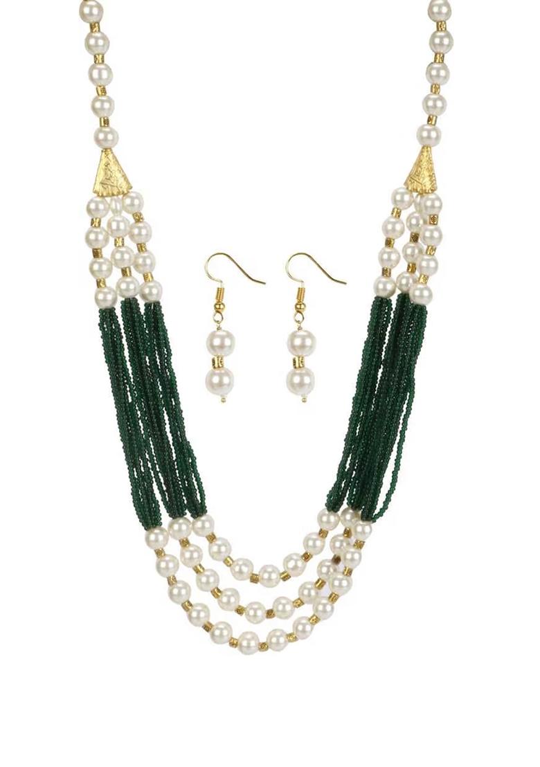 White And Green Beads Multi Layer Necklace