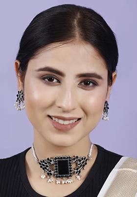 Oxidised Black Center Big Rectangle Stone Choker Set