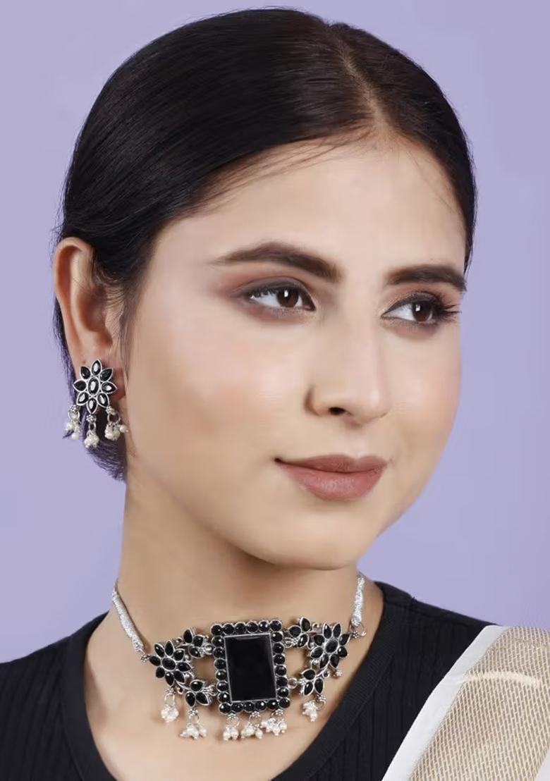 Oxidised Black Center Big Rectangle Stone Choker Set