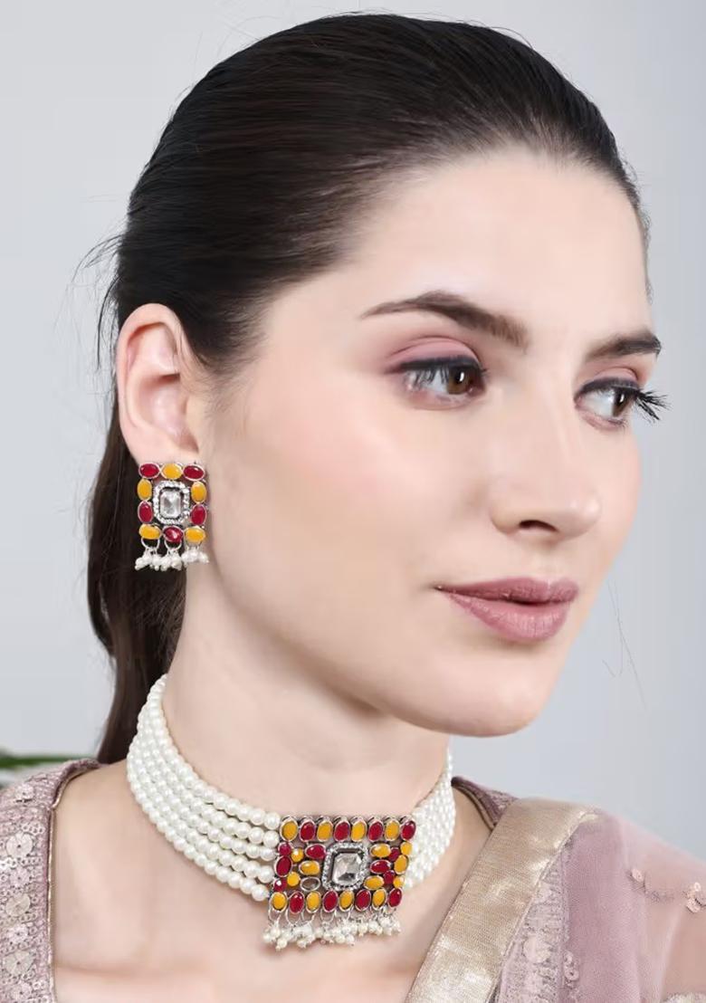 Maroon And Yellow Oval Stones Choker Set