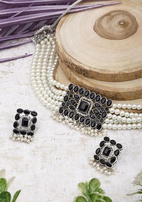 Black Oval Stones Rectangle Pendant Choker Set