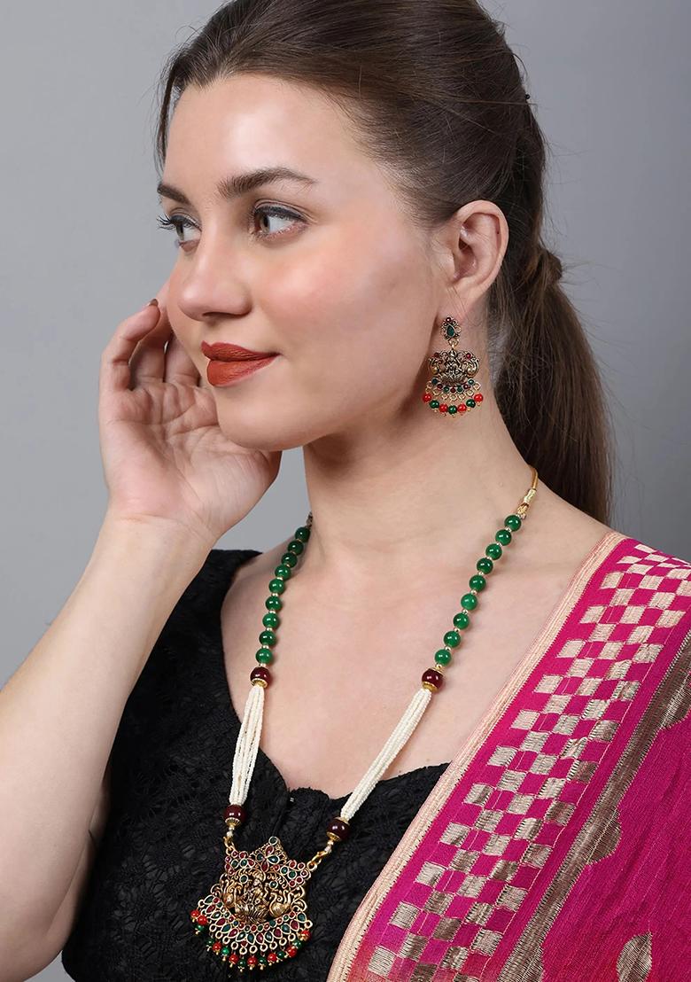 Red Green Laxmi Pendant White Beads Necklace