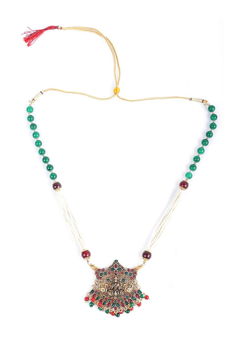 Red Green Laxmi Pendant White Beads Necklace