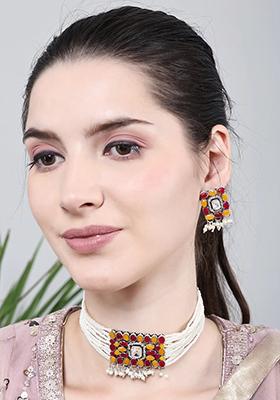 Yellow Red Oval Stone Pendant Choker Set