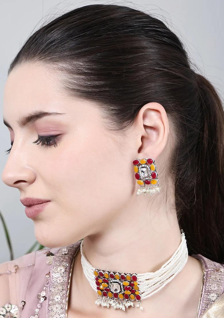 Yellow Red Oval Stone Pendant Choker Set