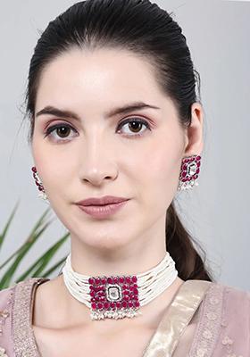 Maroon Oval Stone Pendant Choker Set