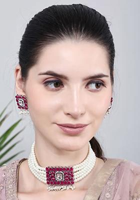 Maroon Oval Stone Choker Set