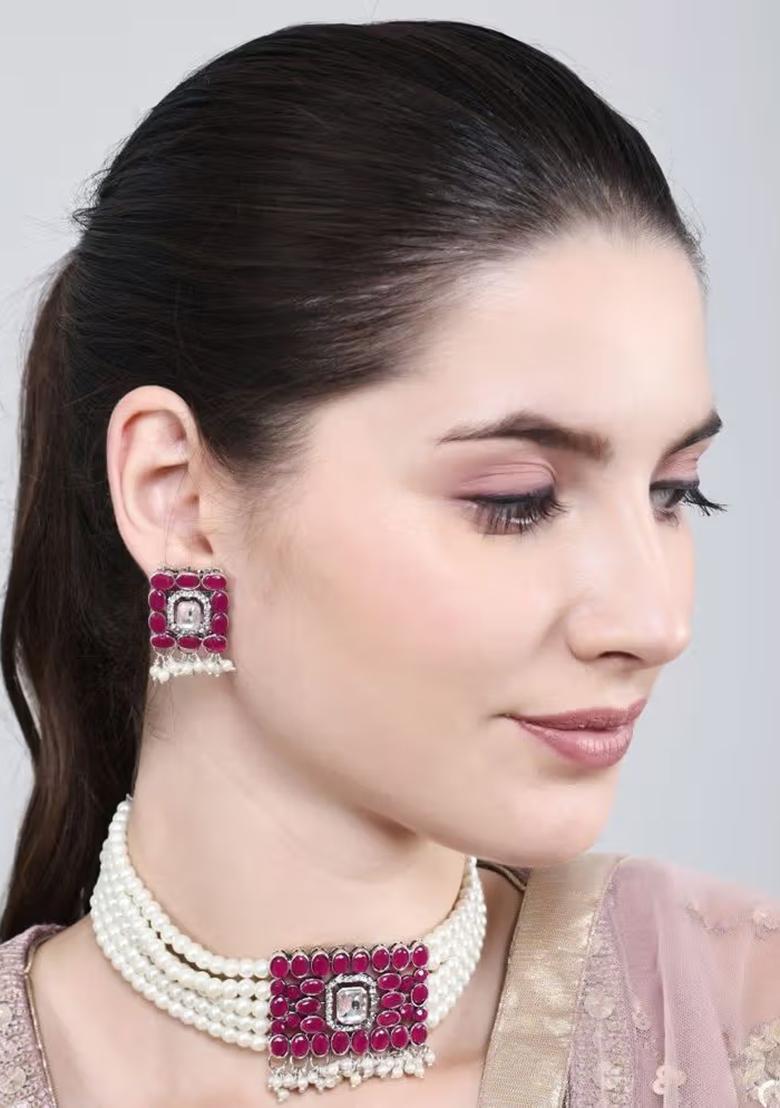 Maroon Oval Stone Choker Set