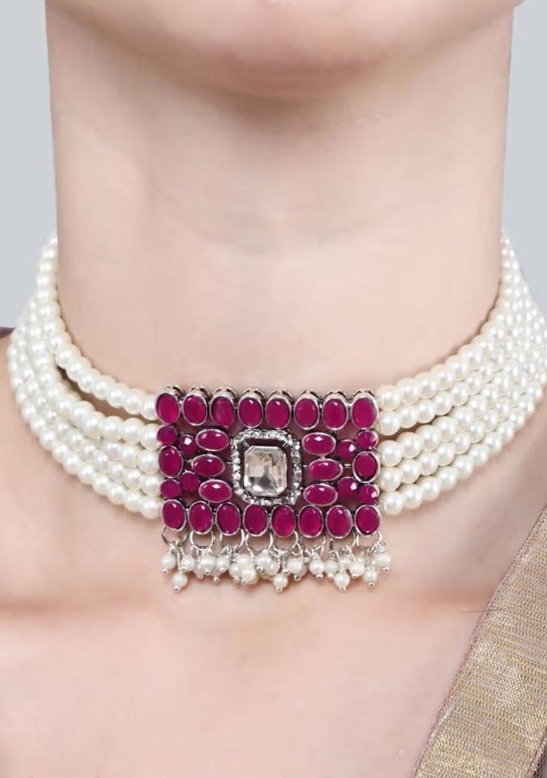Maroon Oval Stone Choker Set
