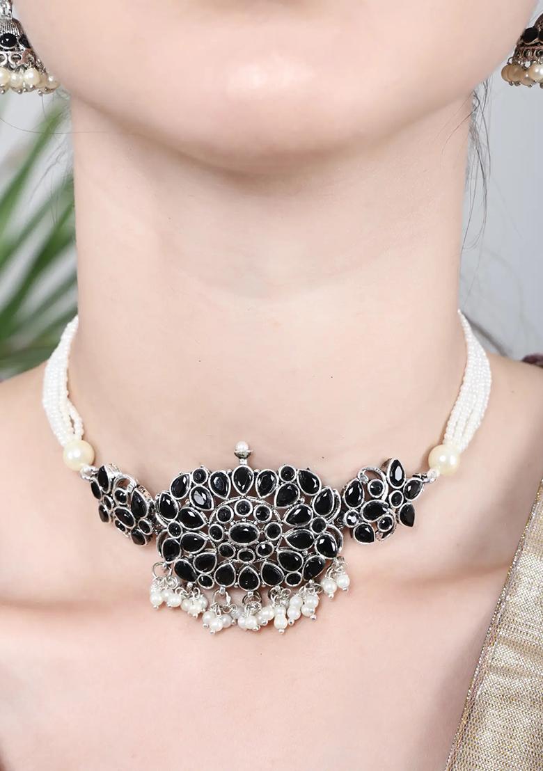 Black Stone Drop Oval Choker Set