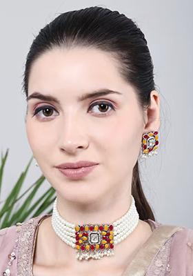 Yellow Maroon Oval Stone Rectangle Pendant Necklace Set