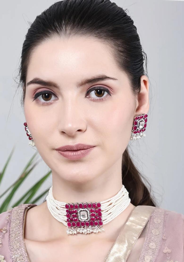 Maroon Oval Stone Rectangle Pendant Necklace Set