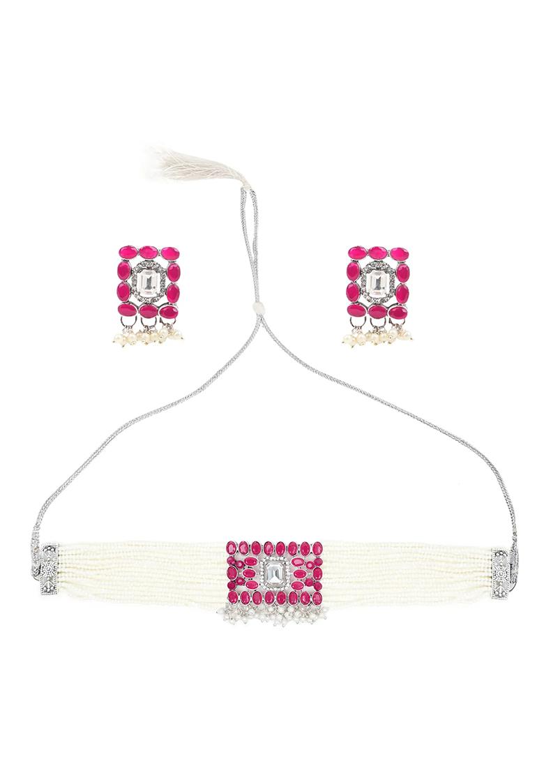 Maroon Oval Stone Rectangle Pendant Necklace Set