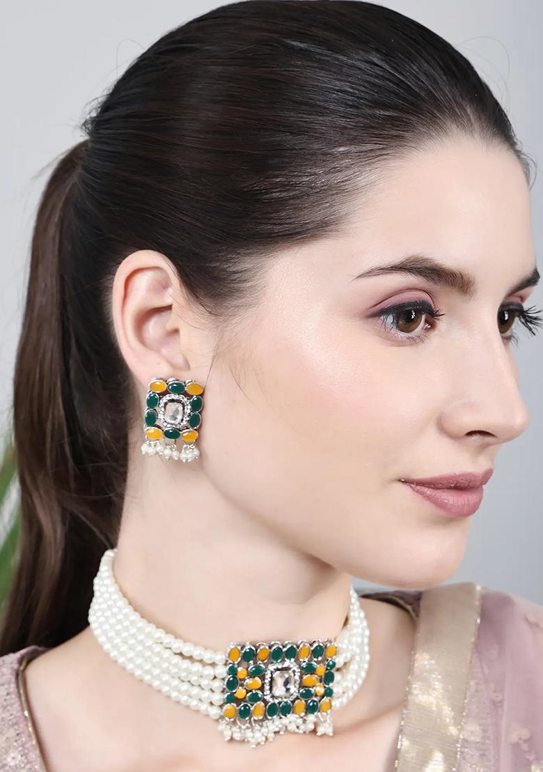 Green Yellow Oval Stone Rectangle Pendant Necklace Set