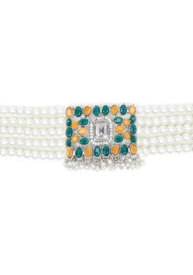 Green Yellow Oval Stone Rectangle Pendant Necklace Set