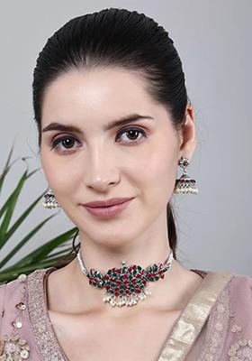 Green Maroon Oval Stone Rectangle Pendant Necklace Set