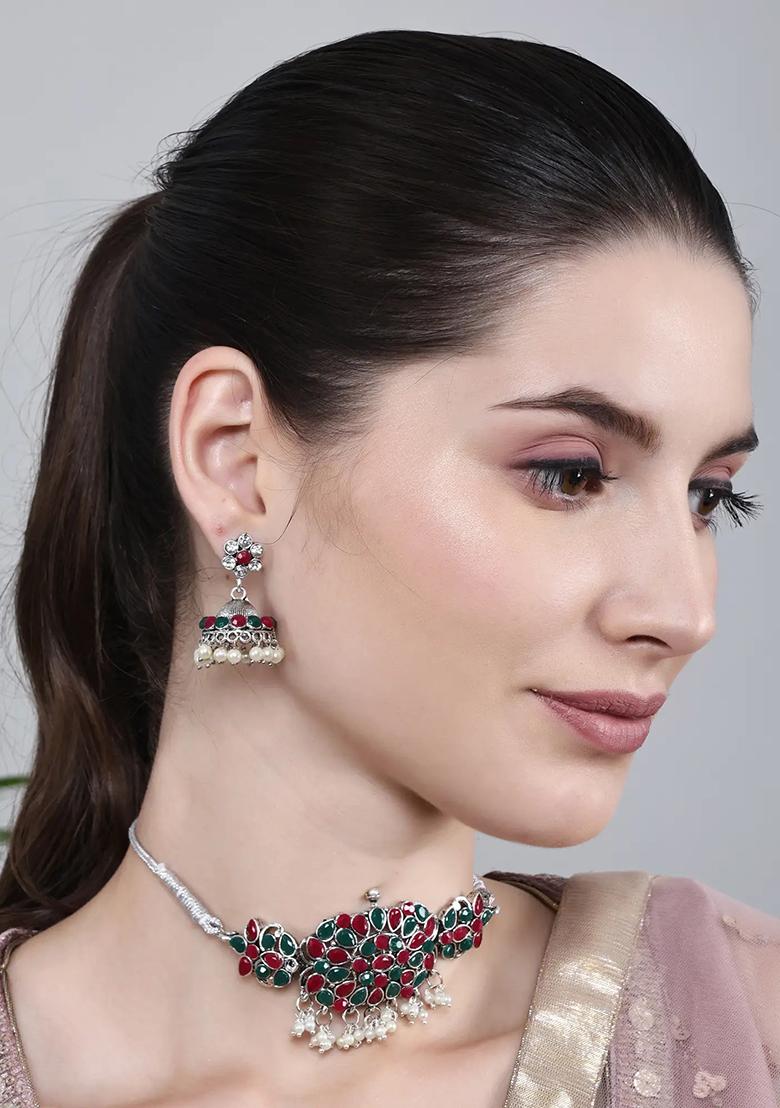 Green Maroon Oval Stone Rectangle Pendant Necklace Set