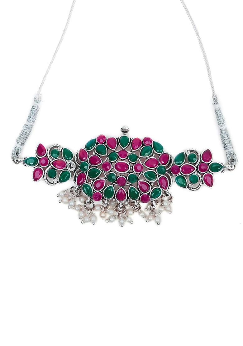 Green Maroon Oval Stone Rectangle Pendant Necklace Set