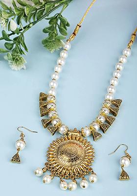 White Golden Triangle Beads Long Sun Pendant Necklace Set