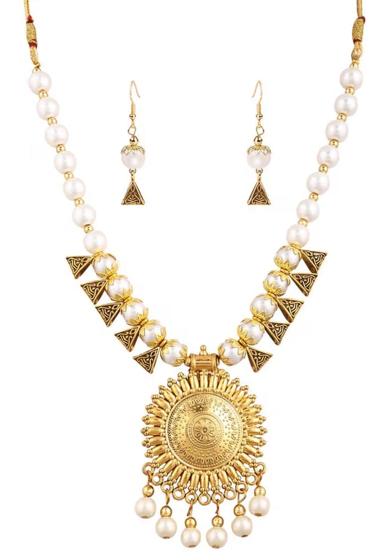 White Golden Triangle Beads Long Sun Pendant Necklace Set