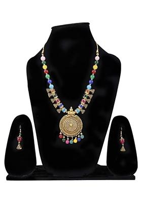 Multicolor Gold Round Pendant Triangle Necklace
